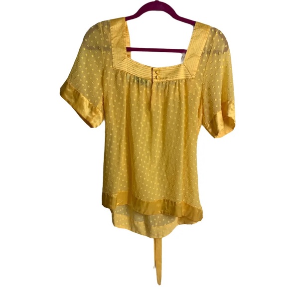Guess Shirt Women Top Yellow Silk Blouse Large Polka Dot Sash Silky Soft Layers - Picture 4 of 8